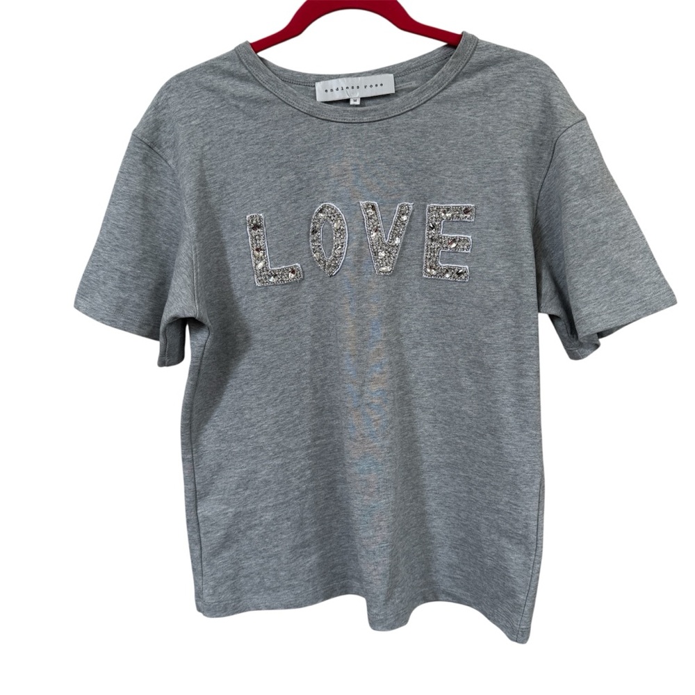 Endless Rose LOVE Embellished Sweatshirt‎ Tee Gray M Graphic Sparkle Casual Top